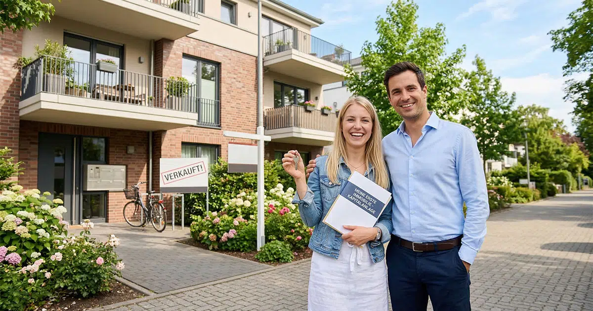 Junges Paar steht glücklich vor ihrer ersten Immobilie als Kapitalanlage mit Schlüssel und Mappe