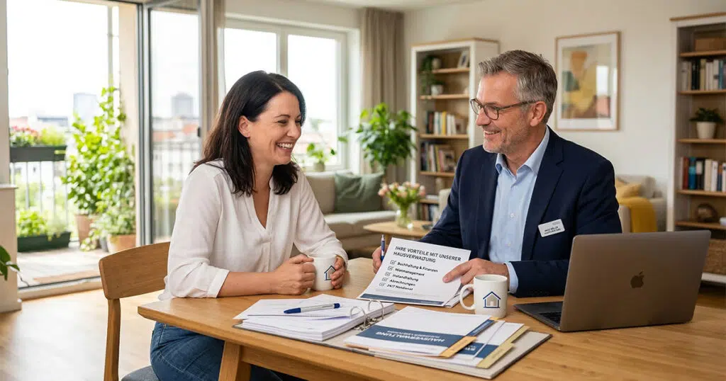 Beratungsgespräch zur Hausverwaltung - Eigentümerin und Hausverwalter besprechen Leistungen und Kosten