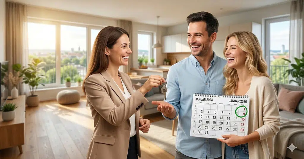 Maklerin übergibt Schlüssel an Ehepaar mit Kalender Januar 2024 bis Januar 2026 - Eigennutzung und Spekulationsfrist bei Immobilien