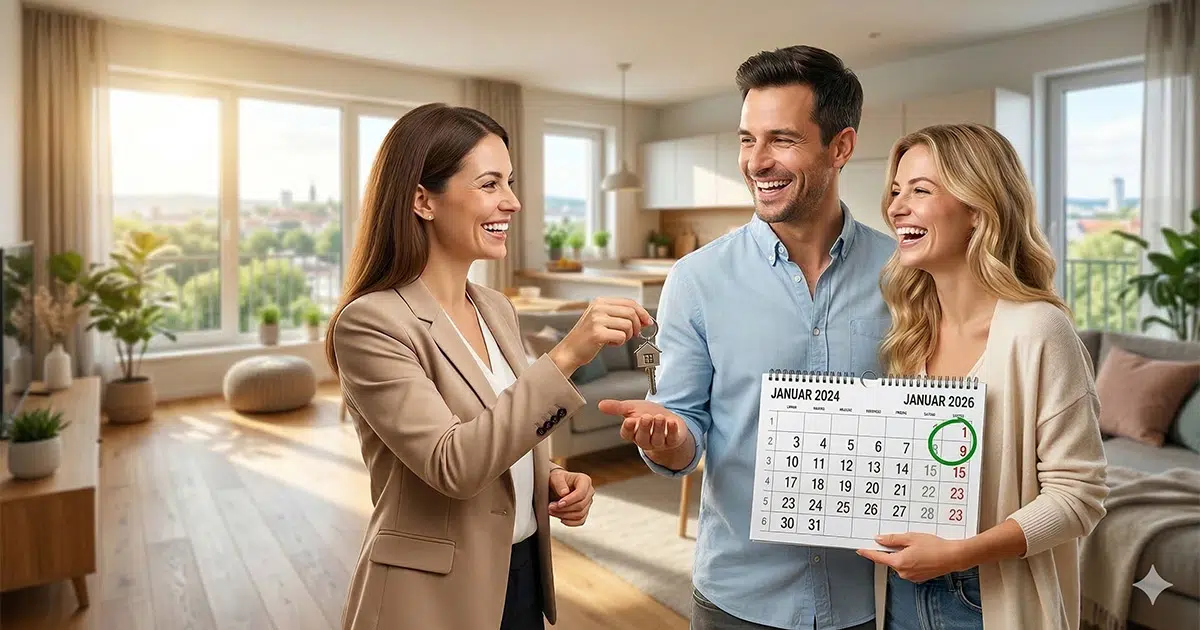 Maklerin übergibt Schlüssel an Ehepaar mit Kalender Januar 2024 bis Januar 2026 - Eigennutzung und Spekulationsfrist bei Immobilien