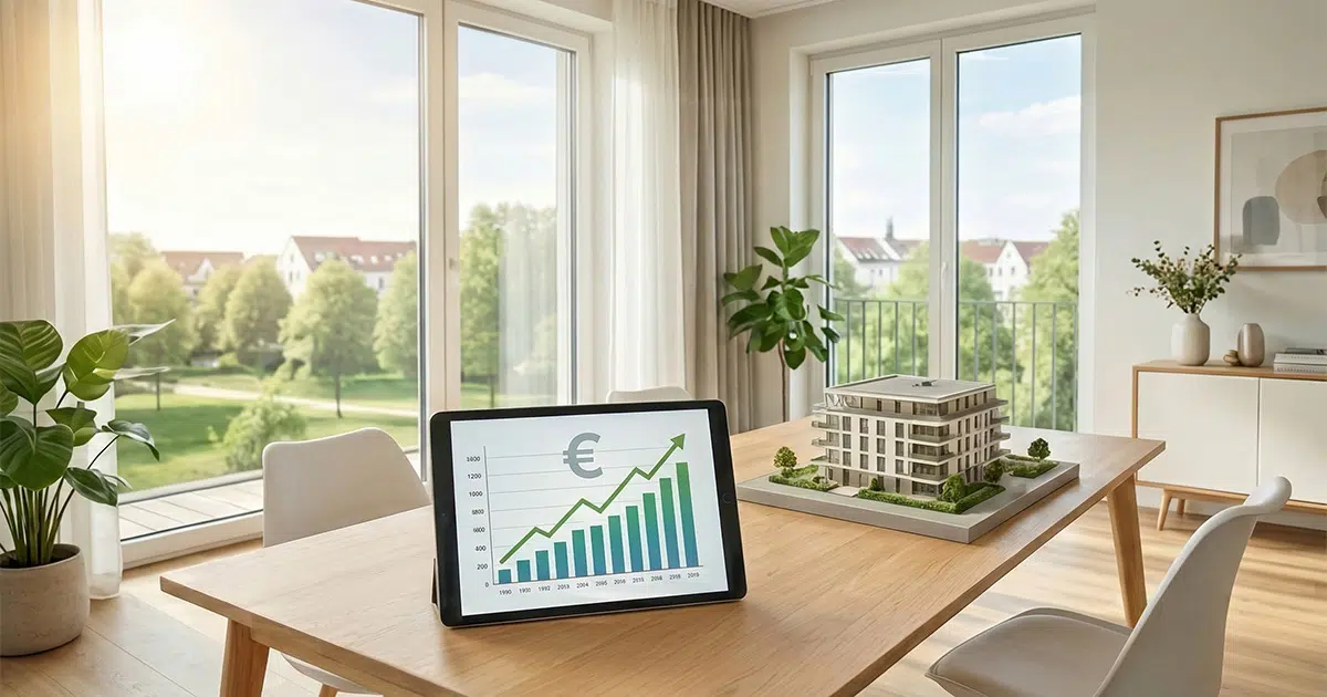 Tablet mit Wachstumsgrafik und Immobilienmodell auf Tisch - Steuervorteile Kapitalanlage Immobilie